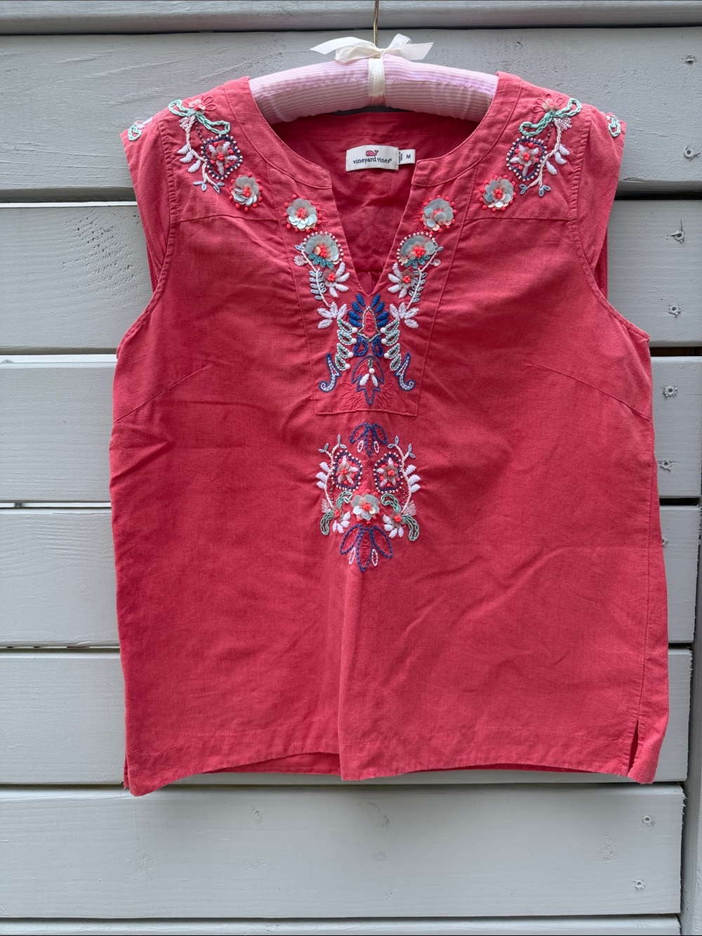 Vineyard Vines Coral Pink Embroidered Sleeveless Top